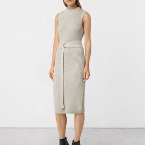 ALLSAINTS East Dress / Small / Mist Grey Knit Midi Belted